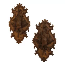 Pair of Brienz panels in carved wood Chamois and Deer. …